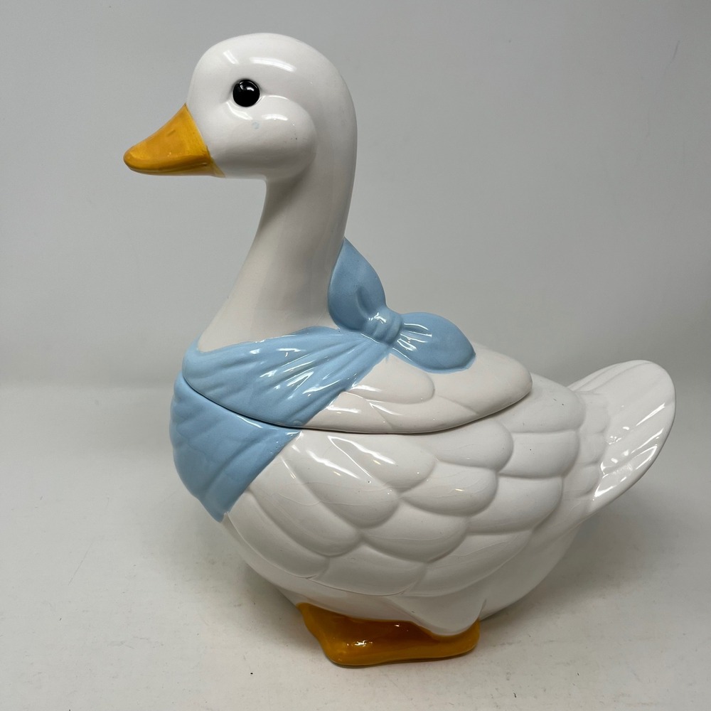 Vintage Ceramic Goose Cookie Jar White Blue Bow Bandana‎ Cottagecore Farmhouse